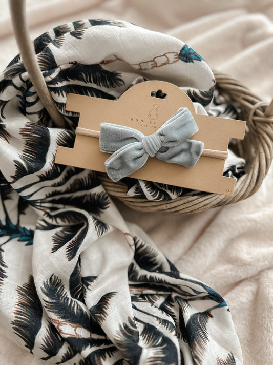 Velvet Bow Headband - Sky